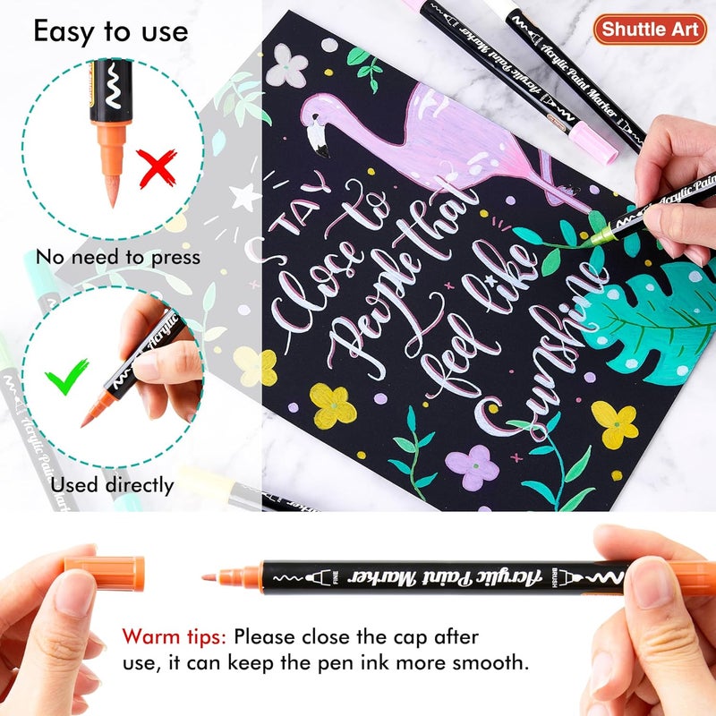 Shuttle Art 28 لون باستيل أقلام طلاء أكريليك ذات طرفين، طرف فرشاة وطرف دقيق لأقلام الطلاء الأكريليكي للصخور، السيراميك، الخشب، القماش، البلاستيك، الزجاج، الحجر، الخط، صناعة البطاقات، الحرف والفن على الأظافر - Image 4